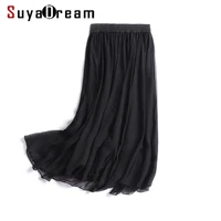 women silk skirt 100real silk solid black pleated skirts two layers silk knee length 2018 spring summer new