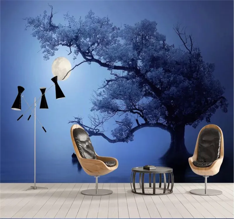 

Customized 3d wallpaper new Chinese style ink art concept Zen night tree wall decoration painting silk waterproof material
