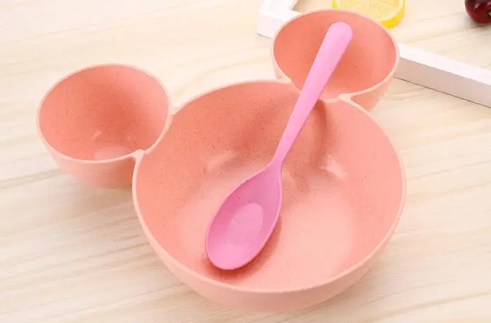 Pink Пшеничная соломенная миска для кормления ребенка, миска для риса с ложкой, милая обеденная тарелка, Детская мультяшная посуда - Цвет: Pink