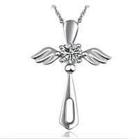 new real 925 sterling silver classic fashion white cubic zirconia angel wing cross pendant necklaces for women antiallergic