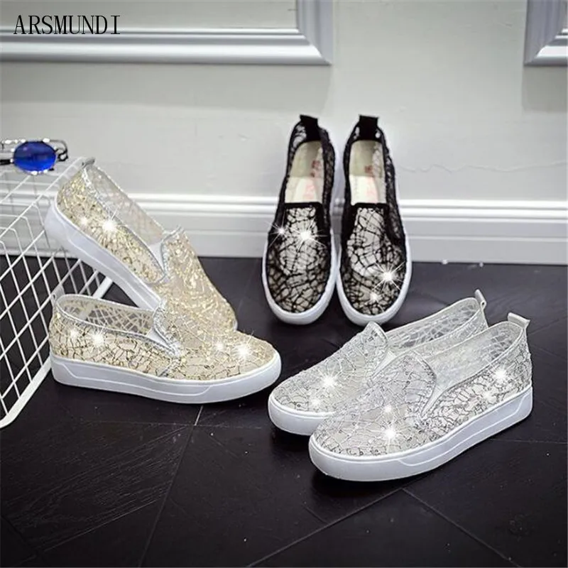 ARSMUNDI 2019 New Fashion Summer Lace Rhinestones Women Flats Casual Cut Outs Shoes Hollow Floral Breathable Platform M353 | Обувь