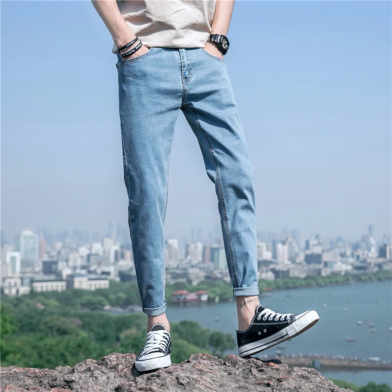 Промывают синий черный Slim Fit джинсы для женщин мужчин Высокое качество