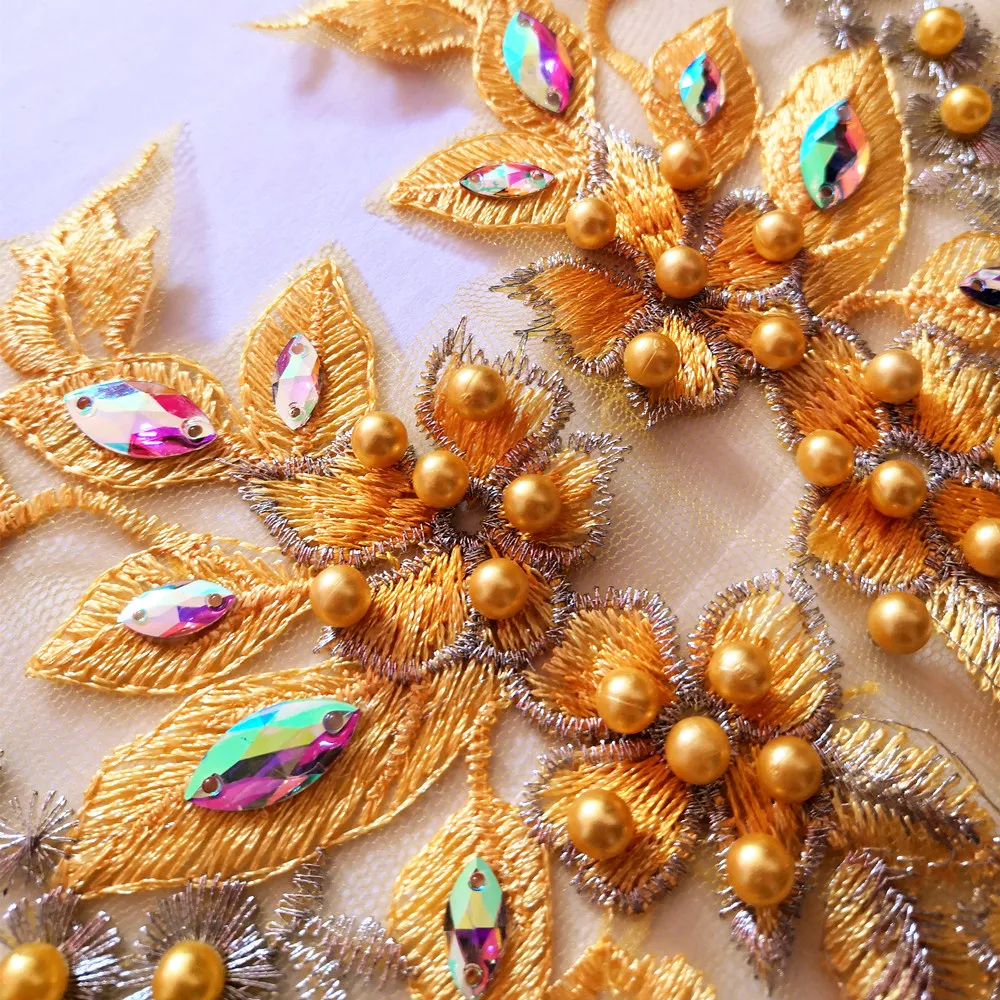

V Shape Yellow Beaded Sew on Rhinestone Crystal Sewing For Clothes Appliques Patches Crafts Clothing Wedding Dress Party Costume