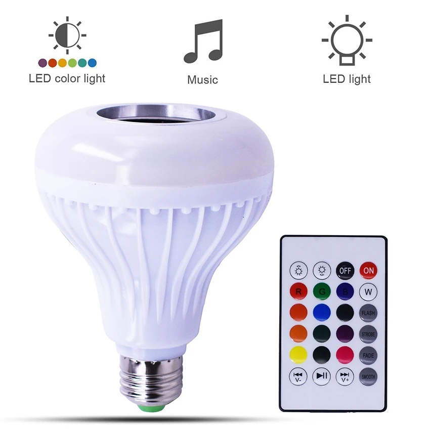 E27 Смарт RGB/RGBW Беспроводной Bluetooth лампочка-динамик Светодиодная лампа 12 W светодиоидная лампа с регулируемой яркостью работы в режиме воспроизведения музыки светодиодный светильник с 24 кнопок пульта дистанционного управления, Управление