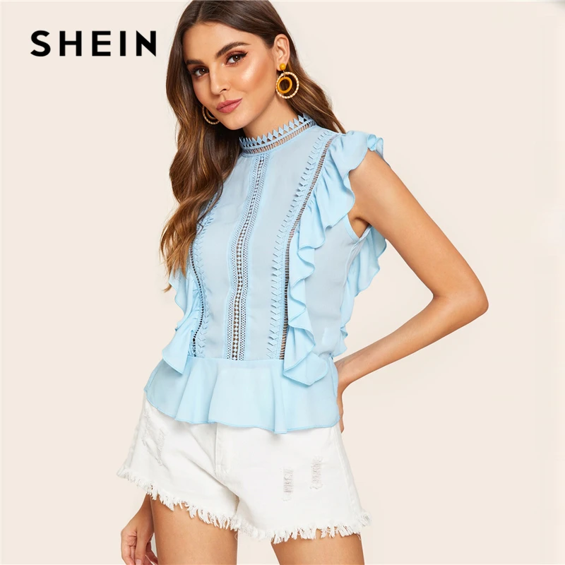 SHEIN кружевная блузка с баской и рюшами, топ с воротником-стойкой, милая синяя однотонная летняя блузка со стоячим воротником и рукавами-крылышками,, Женские топы и блузки