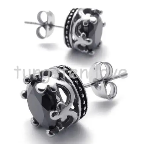 

Vintage Stainless Steel Studs Mens Black Earrings with Cubic Zirconia Royal Crown Stud Earrings 2 Color - Black &Silver Color