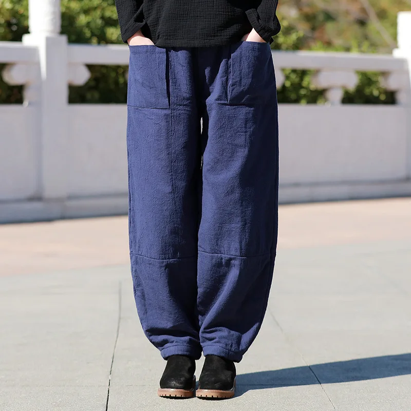 New women big size ramie trousers winter cotton linen wide pants cotton padded warm bottom top quality clothes for women