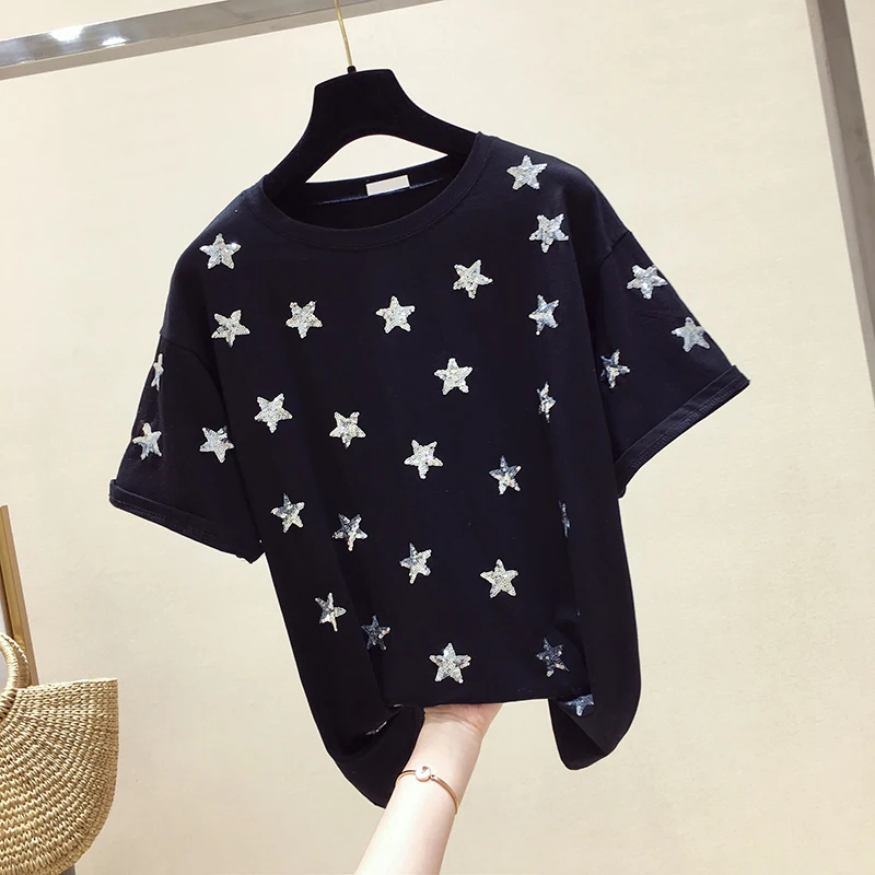 

2019 Summer Woman New Fashion Style Short Sleeve T-shirt Women's Sequined Star Pattern Tee Tees Students Tops A832