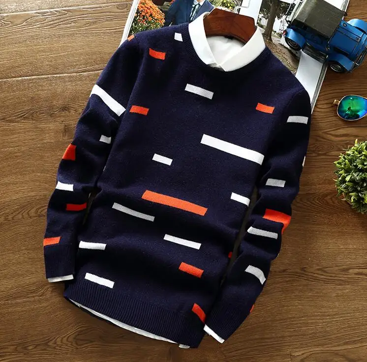 Navy blue Для мужчин Повседневное геометрический узор печати рукав Для мужчин s свитер модный бренд дикий самосовершенствование длинным рукавом Для мужчин свитера - Цвет: Navy blue