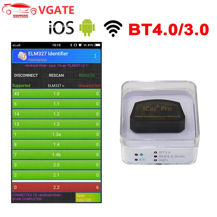 Vgate ELM327 V2.1 wifi/Bluetooth 4,0 для IOS Android iCar Pro OBD OBD2 OBDII автомобильный диагностический считыватель кода Мини ELM327 v2.1