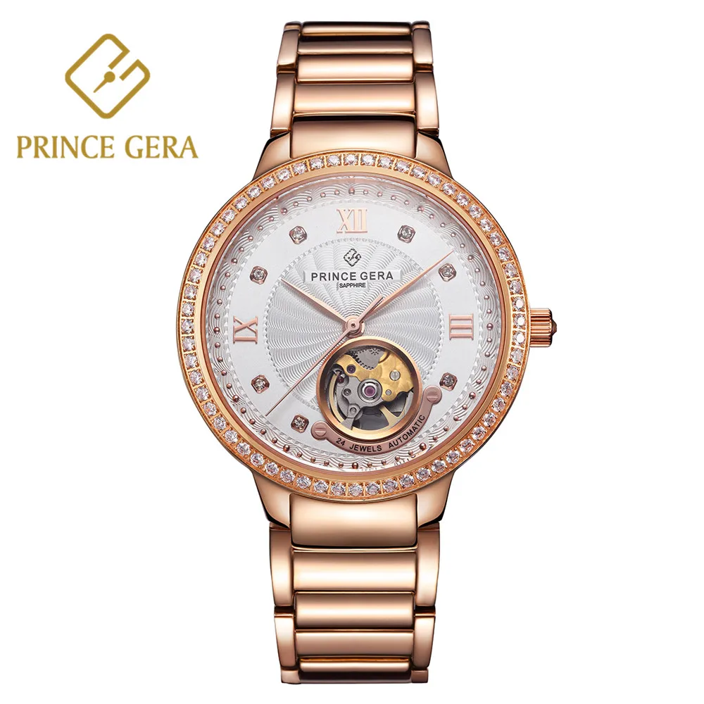 Новые женские автоматические часы PRINCE GERA роскошные со скелетом сверкающие