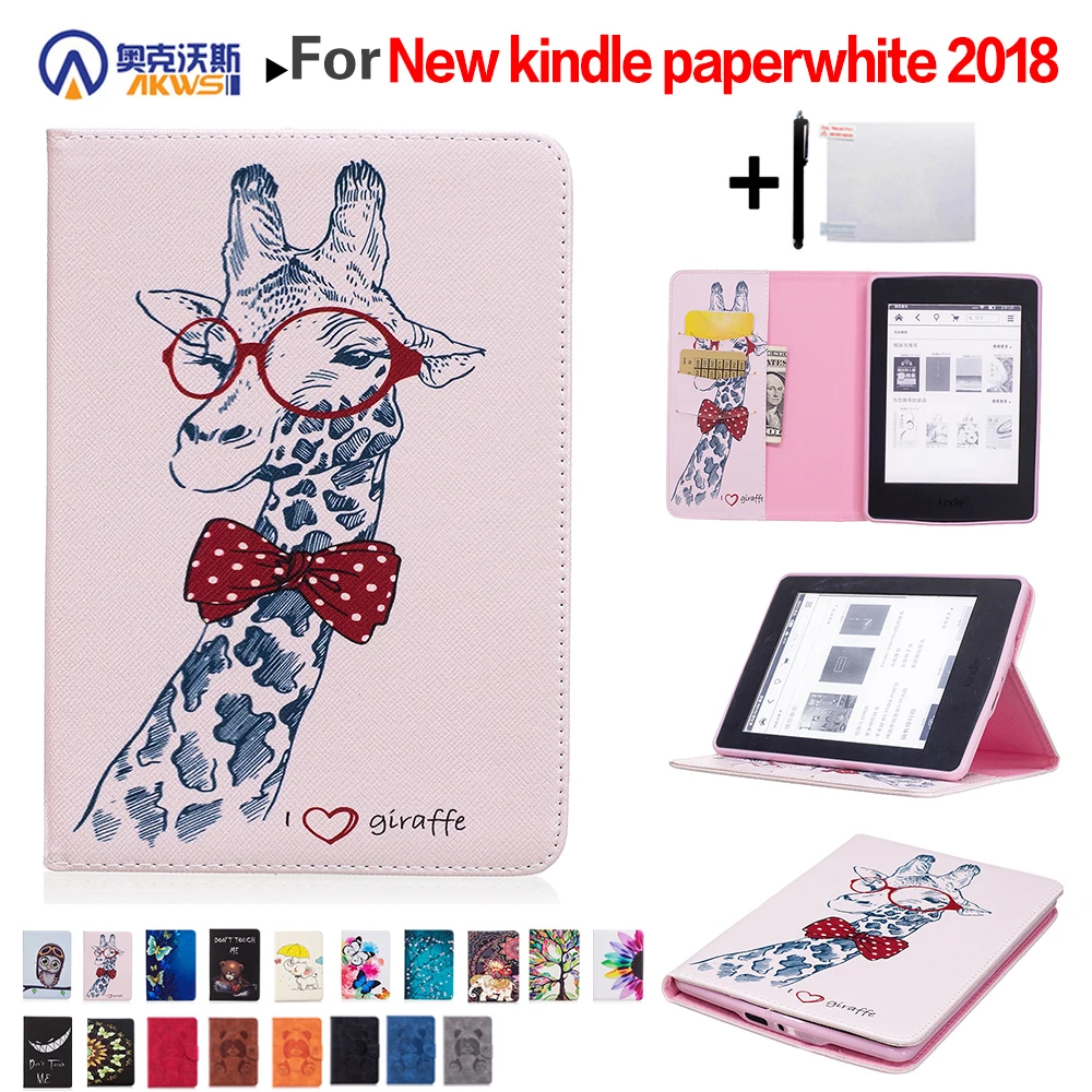 Ходунки ПУ кожаный чехол для 2018 Новый Amazon Kindle Paperwhite 4 Стенд Печатный + Защитная
