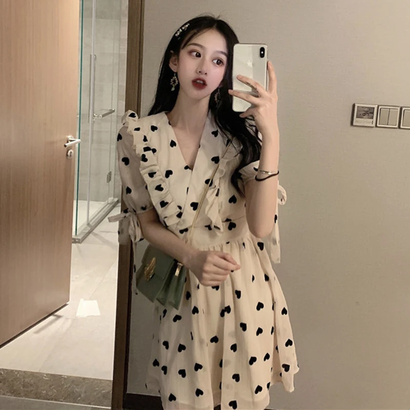 Сексуальное шифоновое платье с v образным вырезом и сердечками персикового цвета