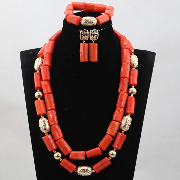 3 Новейшая оранжевый 3 ряда коралловый Бусины Jewelry в африканском стиле Свадебные/Для женщин Бусины Цепочки и ожерелья комплект ювелирных изделий cj872 - Окраска металла: 3