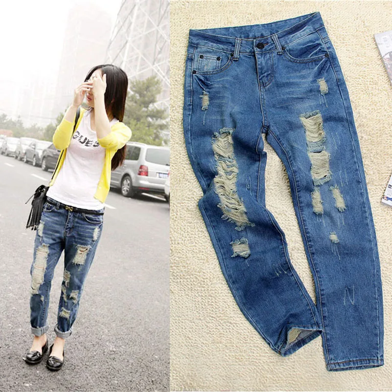 Женские рваные джинсы Sokotoo Модные свободные бойфренды с дырками|boyfriend jeans|boyfriend jeans
