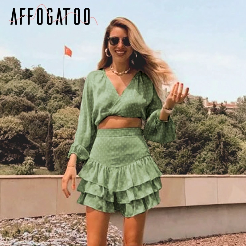Женская винтажная юбка afogatoo с рукавом фонариком в горошек зеленая для пляжного