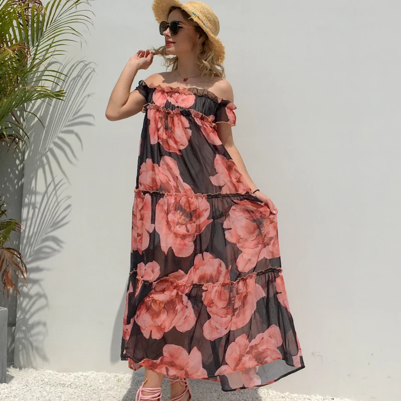 Лето 2019 красное платье с цветочным принтом цельное воротником Пляжное