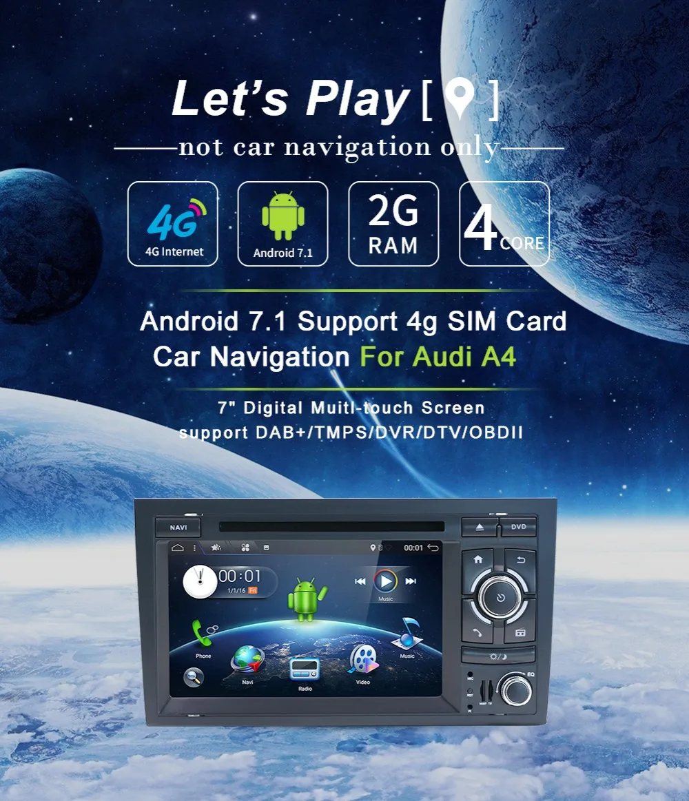 2din 4 ядра 7 дюймов Android 7,1 Автомобильный DVD плеер для автомобиля Audi A4 gps навигации стерео головное устройство с Bluetooth Радио RDS CAN шина карта