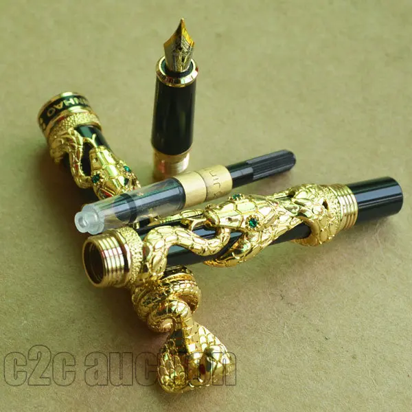 Перьевая ручка средней длины 18KGP NIB JINHAO черная с золотым змеиным ветром |