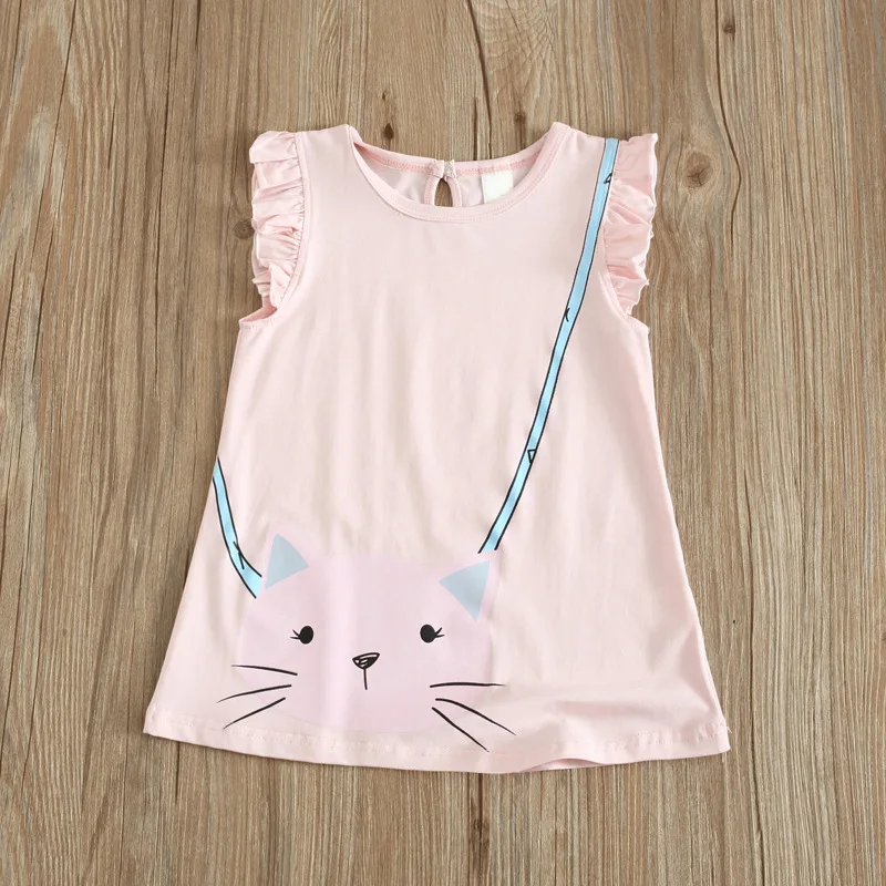 Summer children's wear wholesale girls cartoon big face cat backpack printed dress small flying sleeves cotton | Детская одежда и