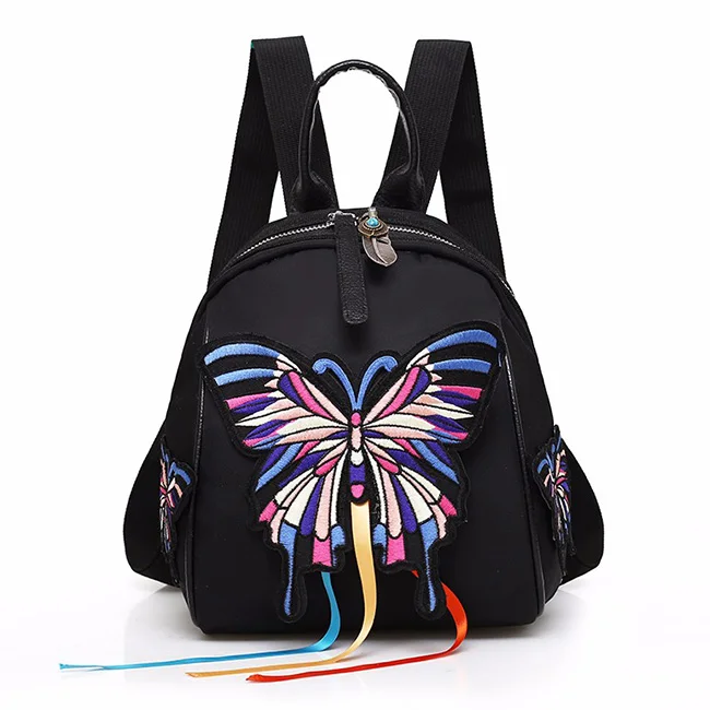 Embroidery butterfly Повседневный маленький рюкзак с бабочкой для девочек, Женский ранец в этническом стиле, сумка на плечо с вышивкой тигра, черная нейлоновая задняя Сумка - Цвет: Embroidery butterfly