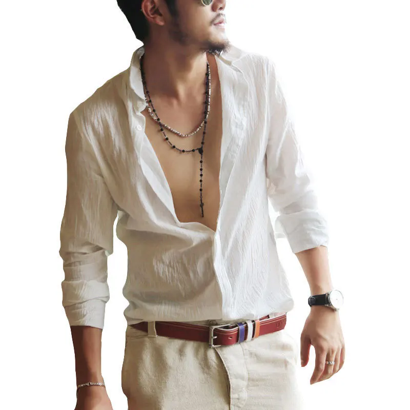 Men's Long-Sleeved Tops Casual Stand Collar Shirt holiday Beach Washed shirt Size M-2XL