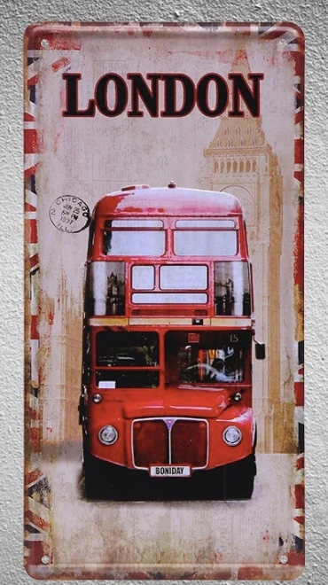 

1 pc London UK red Bus Britain Double decker plaques shop store Tin Plates Signs wall Decoration Metal Art Vintage Poster