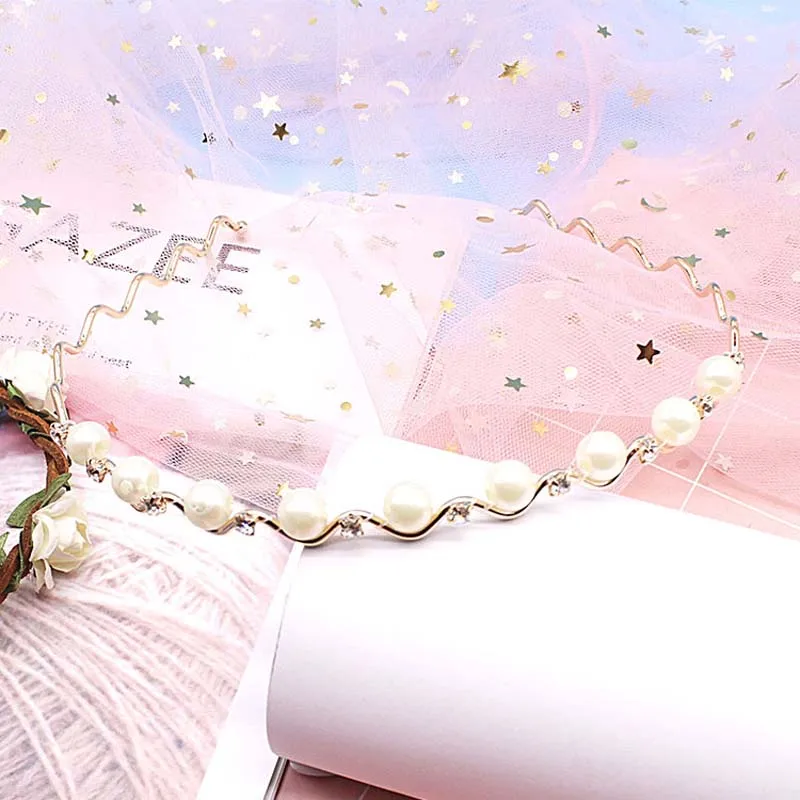 Korean Modis Elegant Metal Women Silver Golden Headband Girls Kawaii Pearl Hair Accessories Femme Crystal Hairband Headwrap |