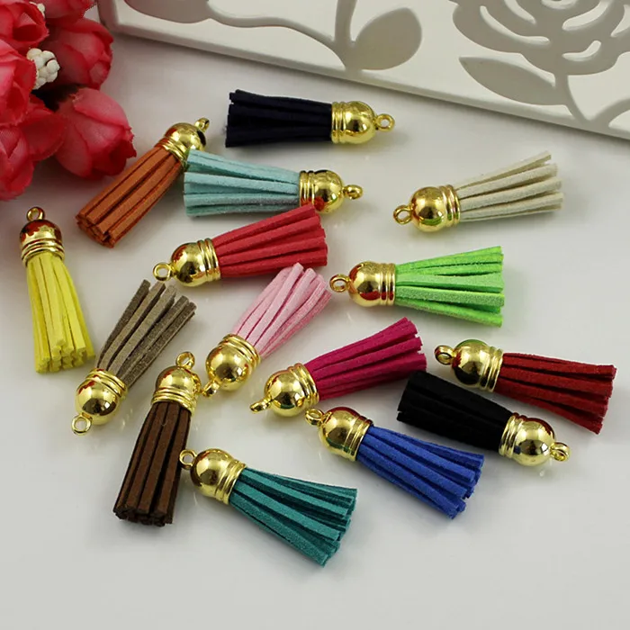 

100pcs Mix colour 38mm Gold color Cap Suede Tassel For Keychain Cellphone Straps Jewelry Charms Leather Tassels Diy Accessoire