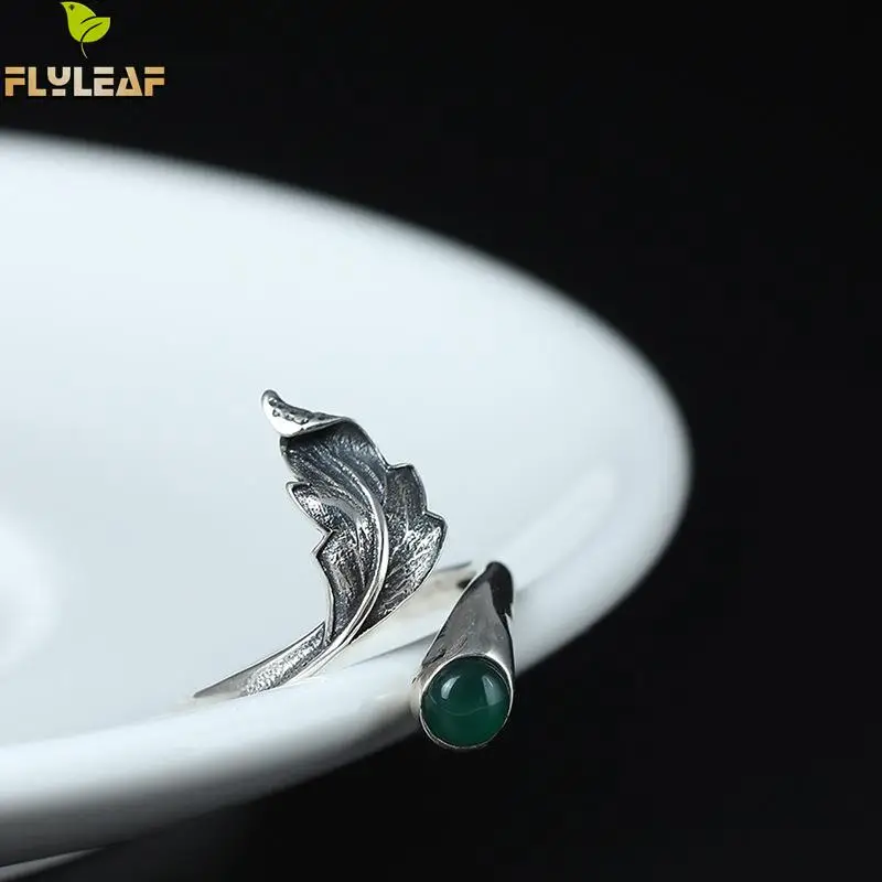 Женские открытые кольца с натуральным нефритовым пером и листьями из