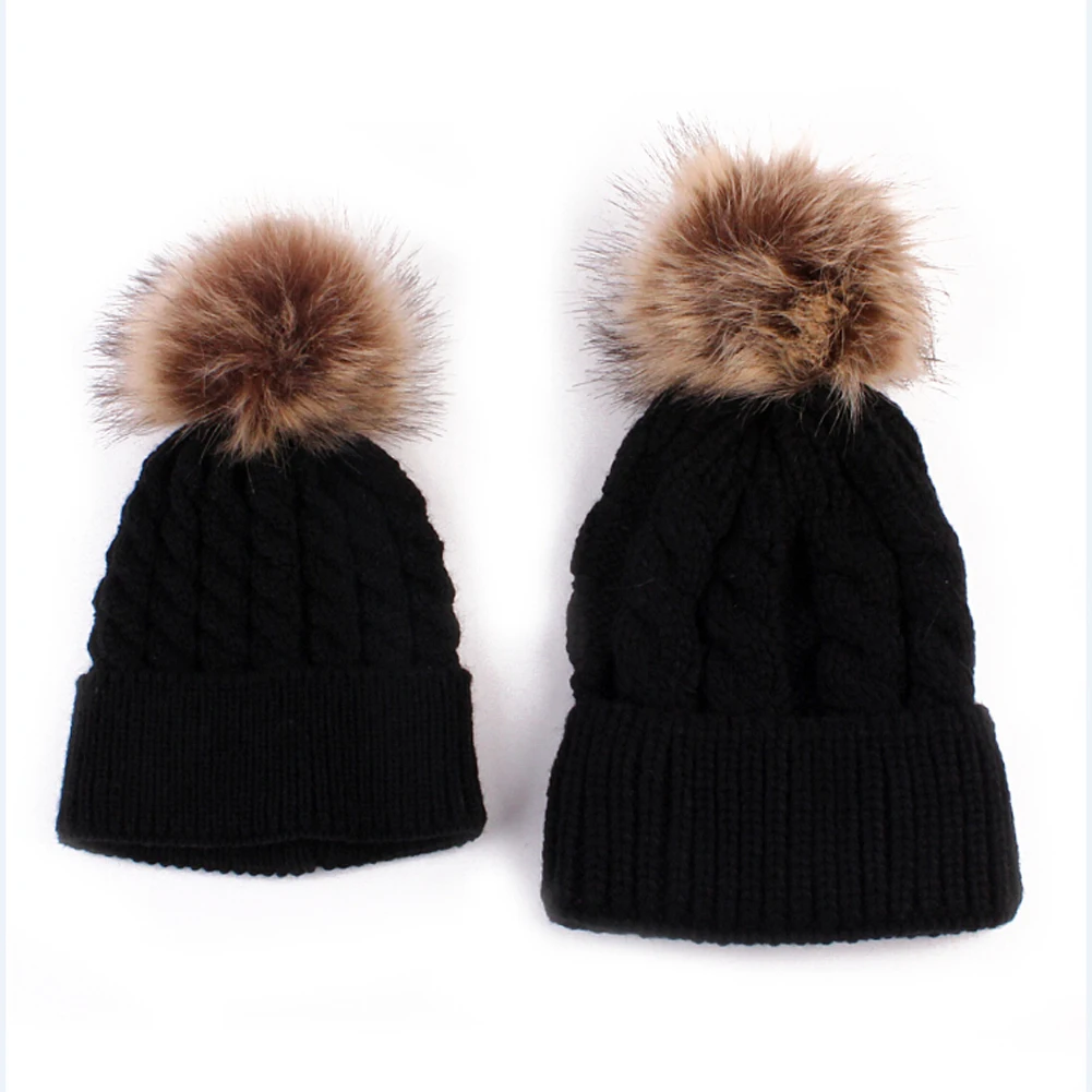 2Pcs/Pair Family Matching Outfits Mother and Kid Baby Child Warm Winter Knit Beanie Fur Pom Hat Crochet Ski Cap | Детская одежда и