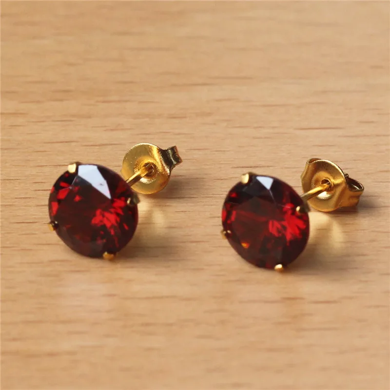316 L Stainless Steel Gold-color Vacuum Plating With 8mm Round AAA Pomegranate Red Zircon Stud Earrings 201903011428