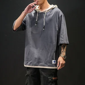 Футболка мужская с рукавом до локтя, хлопковая Однотонная рубашка с капюшоном, облегающая Повседневная Удобная уличная одежда, большие размеры, на лето