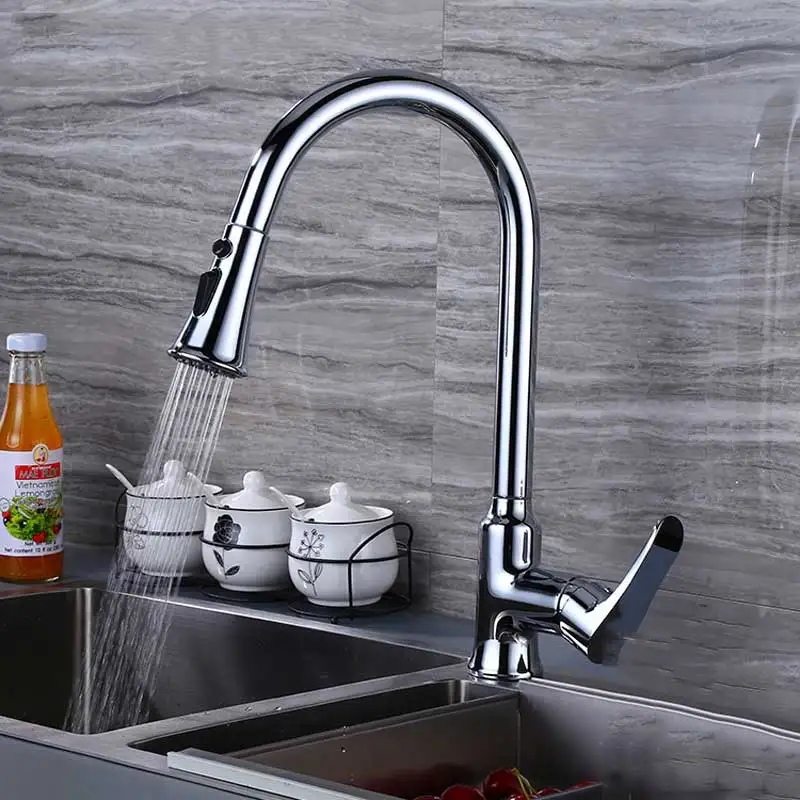 

304 stainless steel kitchen smoked pull faucet rotate hand washing trough the faucet in the kitchen