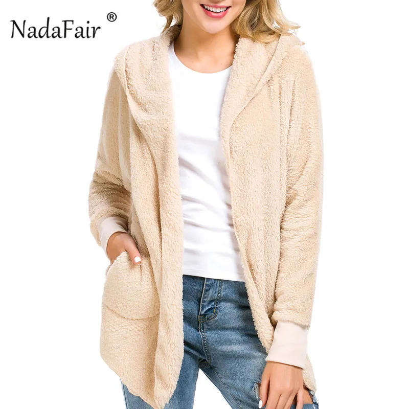 Nadafair пушистое пальто с капюшоном, с длинным рукавом, из овечьей шерсти, пальто из искусственного меха для женщин, осенне-зимний Кардиган, плюшевый мех, пушистая куртка для женщин