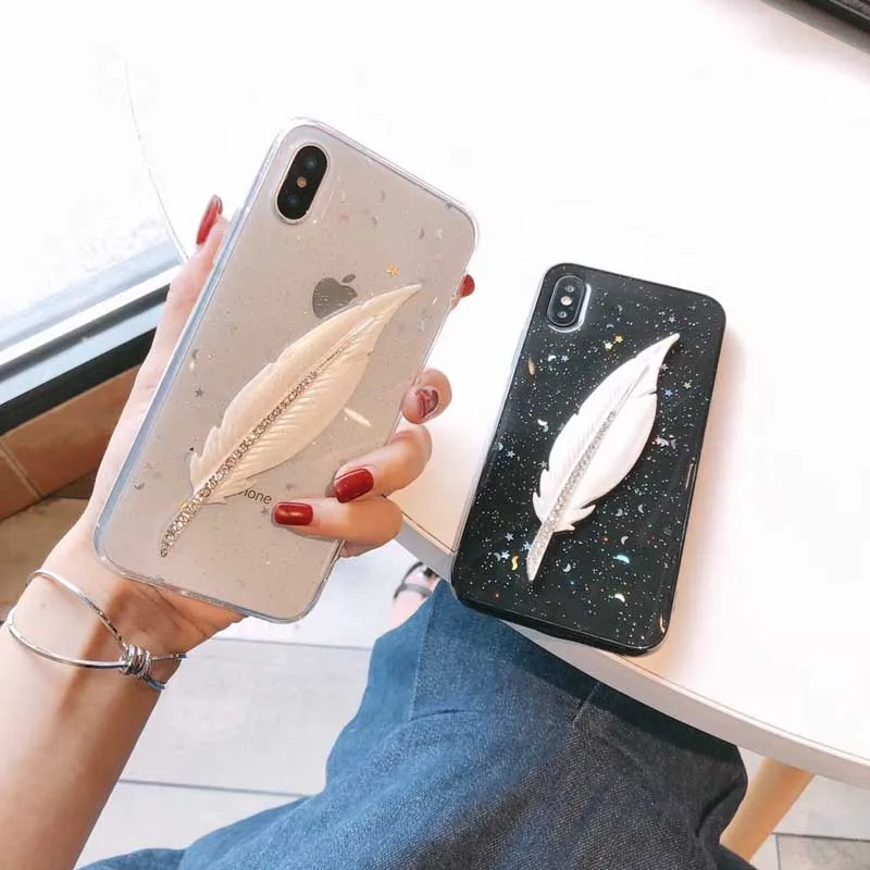 Роскошный чехол с перьями для iPhone X Блестящий Мягкий силиконовый 6 6S 7 8 Plus