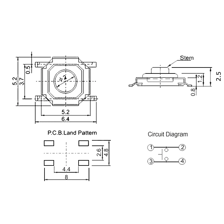 5 2*5 2*2 мм 12V 0.5A 4 Pin SMT нажимная кнопка металла переключатель тактильные микро