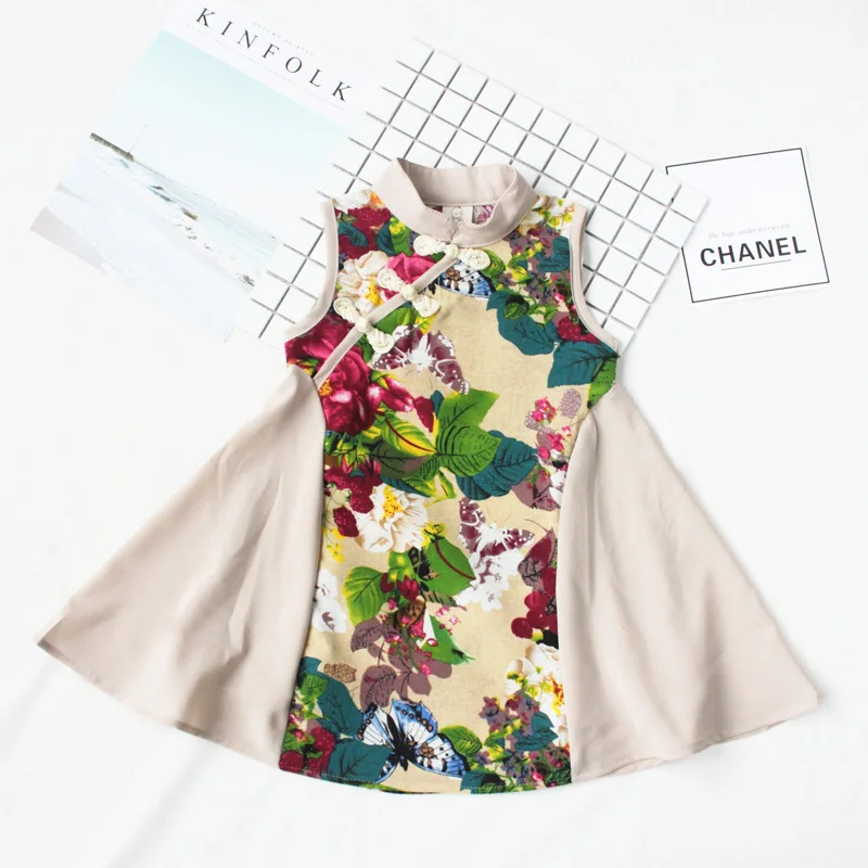 2017 платье для девочек летнее хлопковое шифоновое Чонсам в народном стиле без