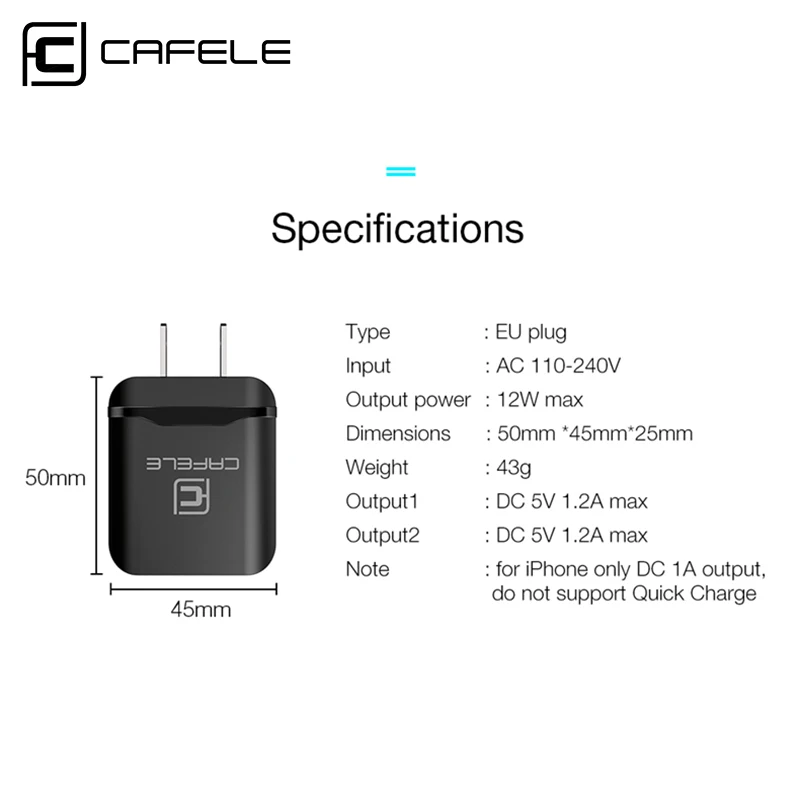 Cafele US Plug Dual USB зарядное устройство DC 5 В 2.4A 12 Вт зарядное устройство для мобильного телефона Зарядка для iPhone X XS Max iPad для samsung huawei Xiaomi