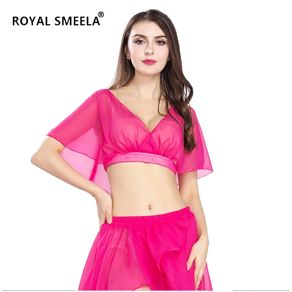 Hot Pink Гофрированный дизайн женский шифоновый укороченный топ для танца живота Костюм Практика сексуальная мода танец живота тренировочная одежда Топ - Цвет: Hot Pink