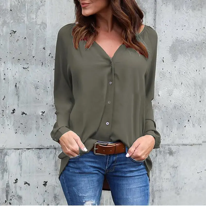Женская шифоновая рубашка с v образным вырезом и карманами плиссированная