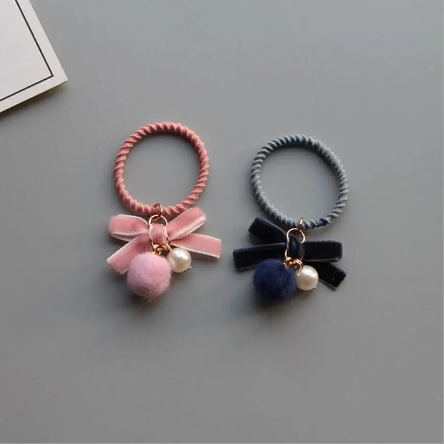 5pcs/lot Baby Girl Kids Hair Accessories Velvet Bow Faux Pearl Ball Elastic Tie Rope Band | Детская одежда и обувь