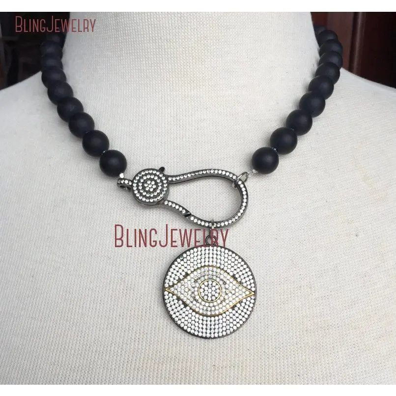 ?? マットブラックオニキスショートネックレスパヴェクリスタルガンメタルクラスプガンメタルゴールドパヴェクリスタル邪眼ディスクチョーカーネックレス NM18385