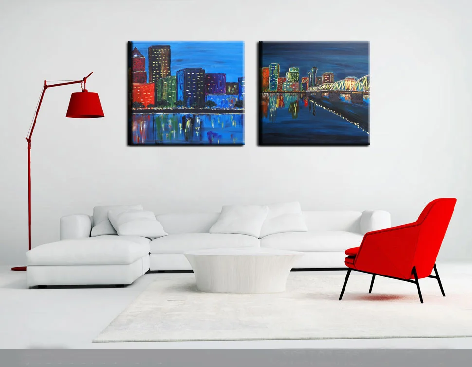 

Seascape of a City at Night Hand Painted in Impressionist Style With Variations of Little Texture and Depth for Home Decoration