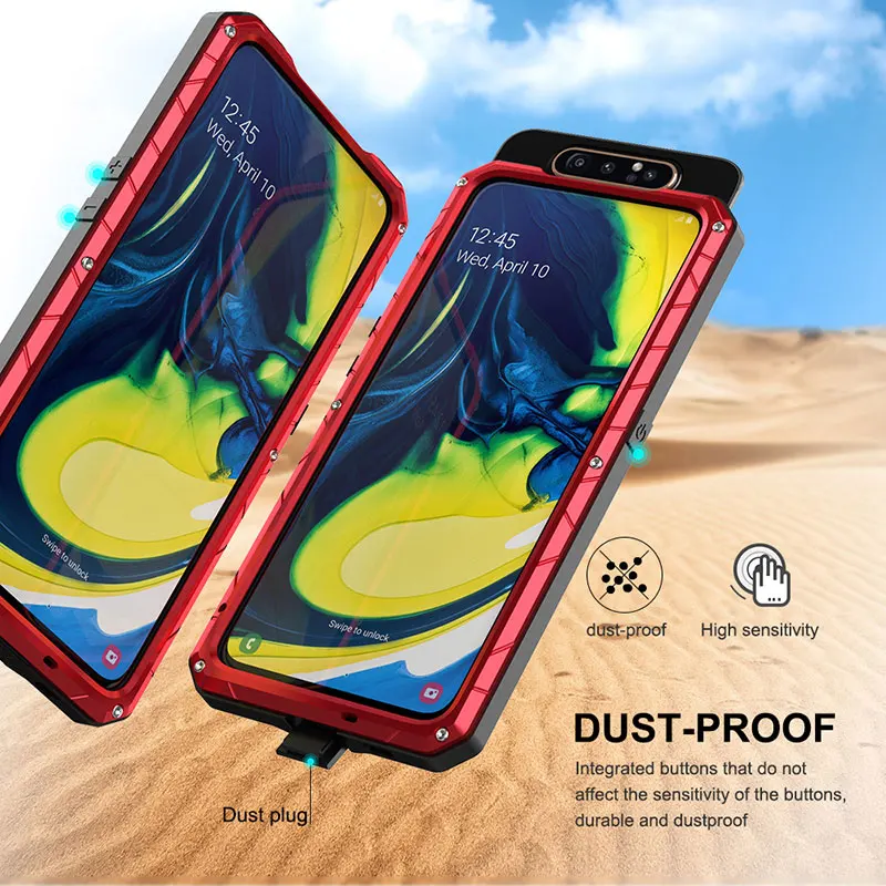 For Samsung Galaxy A80 Phone Case Hard Aluminum Metal Tempered Glass Screen Gift Protector Cover Heavy Duty Protection Cover