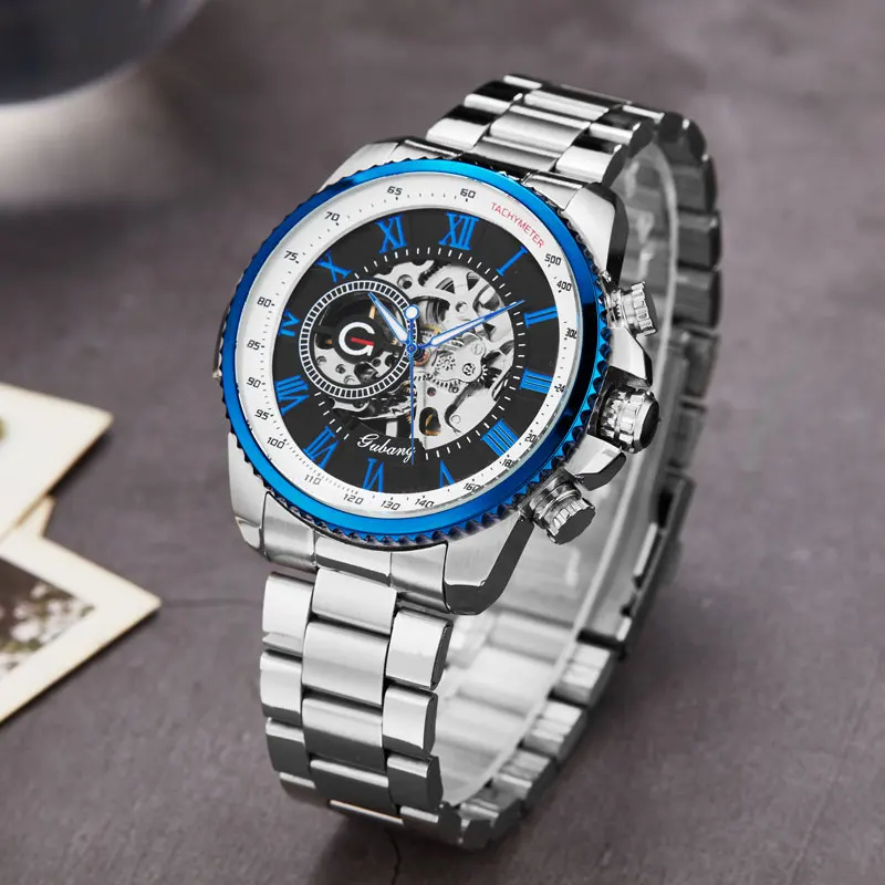 Серебристые спортивные механические часы Moonphase Skeleton, мужские часы из нержавеющей стали с прозрачным сетчатым браслетом, мужские роскошные часы от ведущего бренда - Цвет: watch 6
