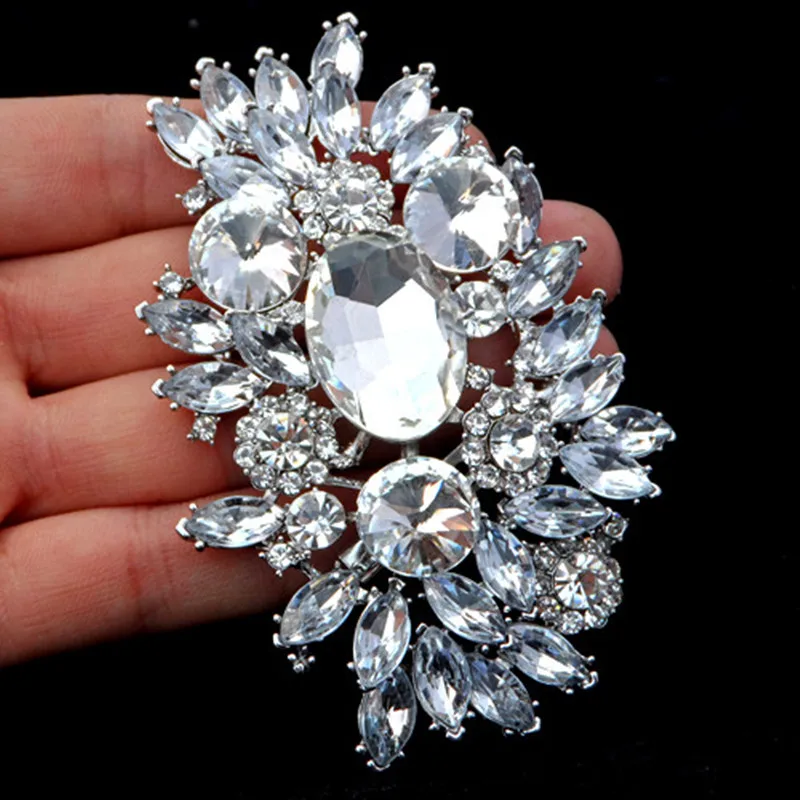 3.6 Inch Huge Brooch Silver Color Luxury Big Glass Crystals Flower Wedding Bouquet Pins Elegant Jewelry | Украшения и аксессуары