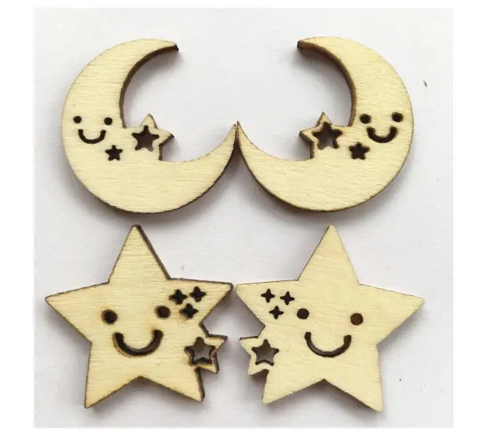 50pcs Laser Engraving Smile Star Moon Shape Wood Brick for Coth art\ Scrapbooking DIY\ Toy\ DIY Craft Supplies XP291 | Дом и сад