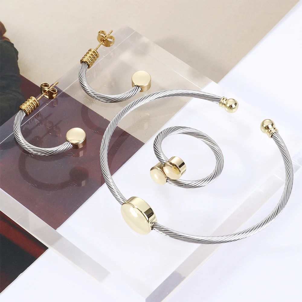 Locksun Fahion Stainless Steel Wire Drop Earrings modern Accessories For Women Charm Bracelet and Ring Jewelry Set | Украшения и