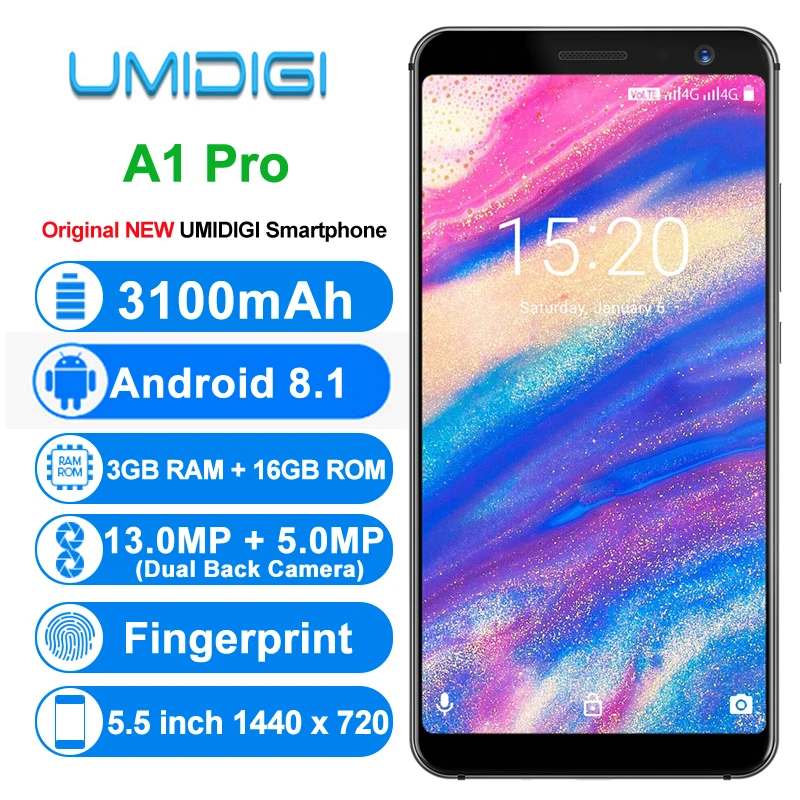 Оригинальный umidigi A1 Pro 4G LTE мобильных телефонов Andorid 8 1 3 ГБ + 16 4 ядра смартфон 18:9